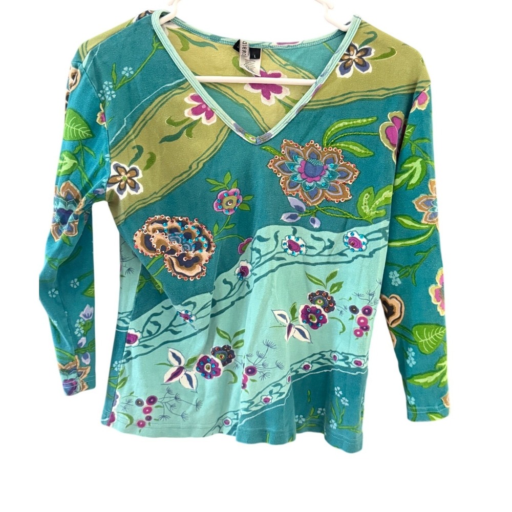 Forbidden Vintage Y2k L Teal Floral Sequin Beaded‎ Fairy Festival Cotton Top L